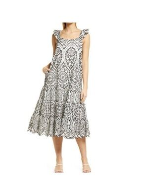 Anthropologie BTFL-LIFE Ruffle Tiered Boho Dress Size M Midi Black White Cotton